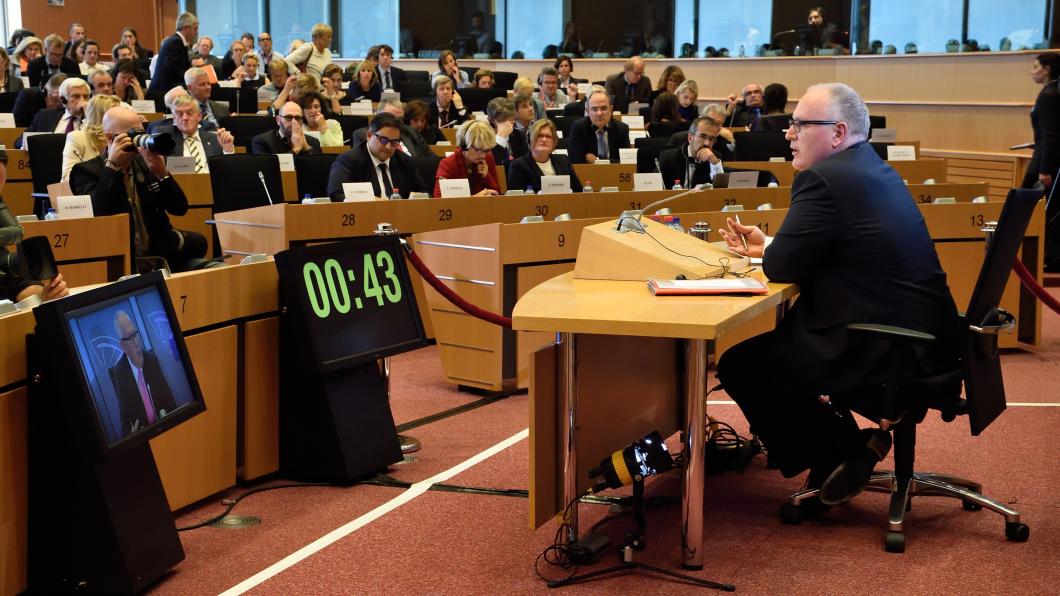 Frans Timmermans tijdens zijn hoorzitting Frans Timmermans tijdens zijn hoorzitting