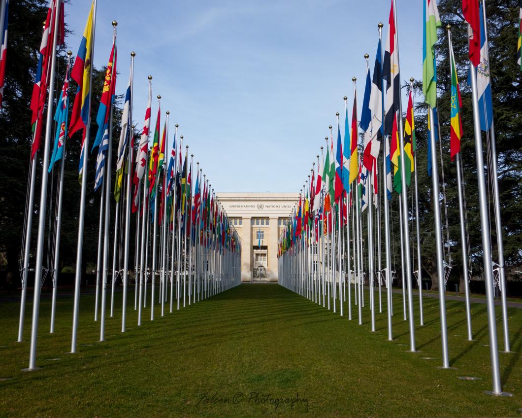Tientallen vlaggen staan opgesteld voor het hoofdkantoor van de VN in Genève.