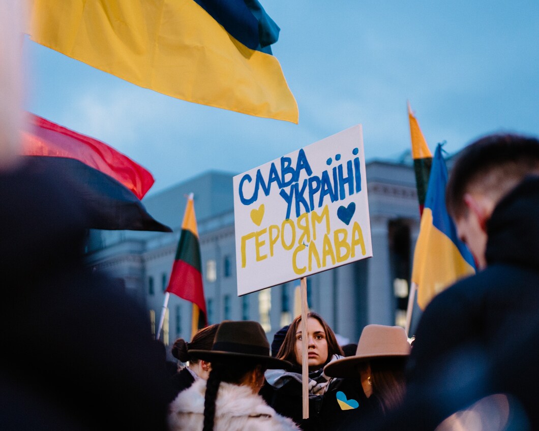 Protestbord met steun voor Oekraïne